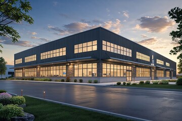 Obraz premium Exterior Perspective of a Key Distribution Center Featuring Modern Office Suite with Innovative Design and Abundant Window Installations