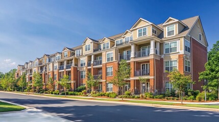 Mid-level angle showing uniform balconies and brick finishes on a stretch of townhomes
