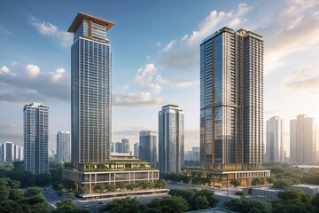 Fototapeta premium Stunning Urban High-Rise and Compact Building Displaying Architectural Strength and Competitive Edge