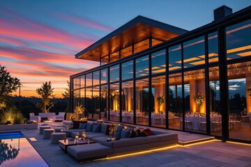 Stylish Contemporary Event Space with Glass Walls and Sunset Lighting for Special Occasions