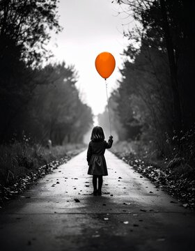 black and white image of a child with an orange balloon, partial desaturation scene, partial desaturation style, black and white, sophisticated, atmospheric, highly detailed, highly textured