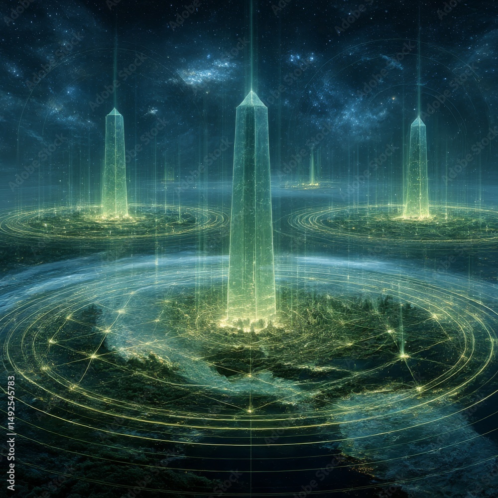 Aufkleber ethereal monoliths: beacons of light connecting earth to the cosmos in a futuristic world with advan