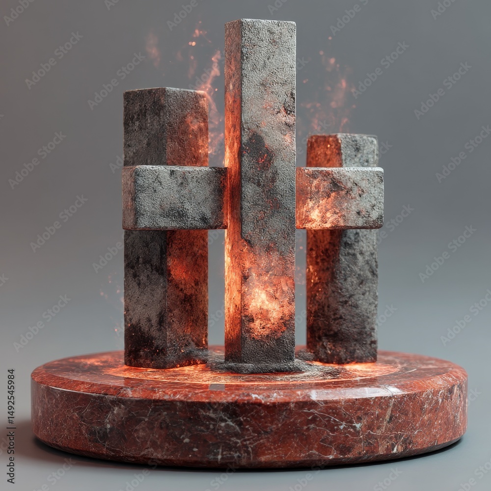 Poster geometric forms ablaze: a study in stone, fire, and texture on a marble base, exploring contrasts an