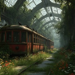 Fototapeta premium Forgotten Transport: Red Tramcar Reclaimed by Nature in an Overgrown Abandoned Depot with Glass Roof.