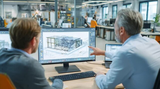 Architects at Work: Two architects collaborate, meticulously reviewing a 3D building plan displayed on a large monitor, in a modern office environment.