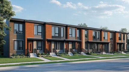 Row of newly built townhouses featuring sleek brick facades, clean sidewalks, and landscaped front lawns