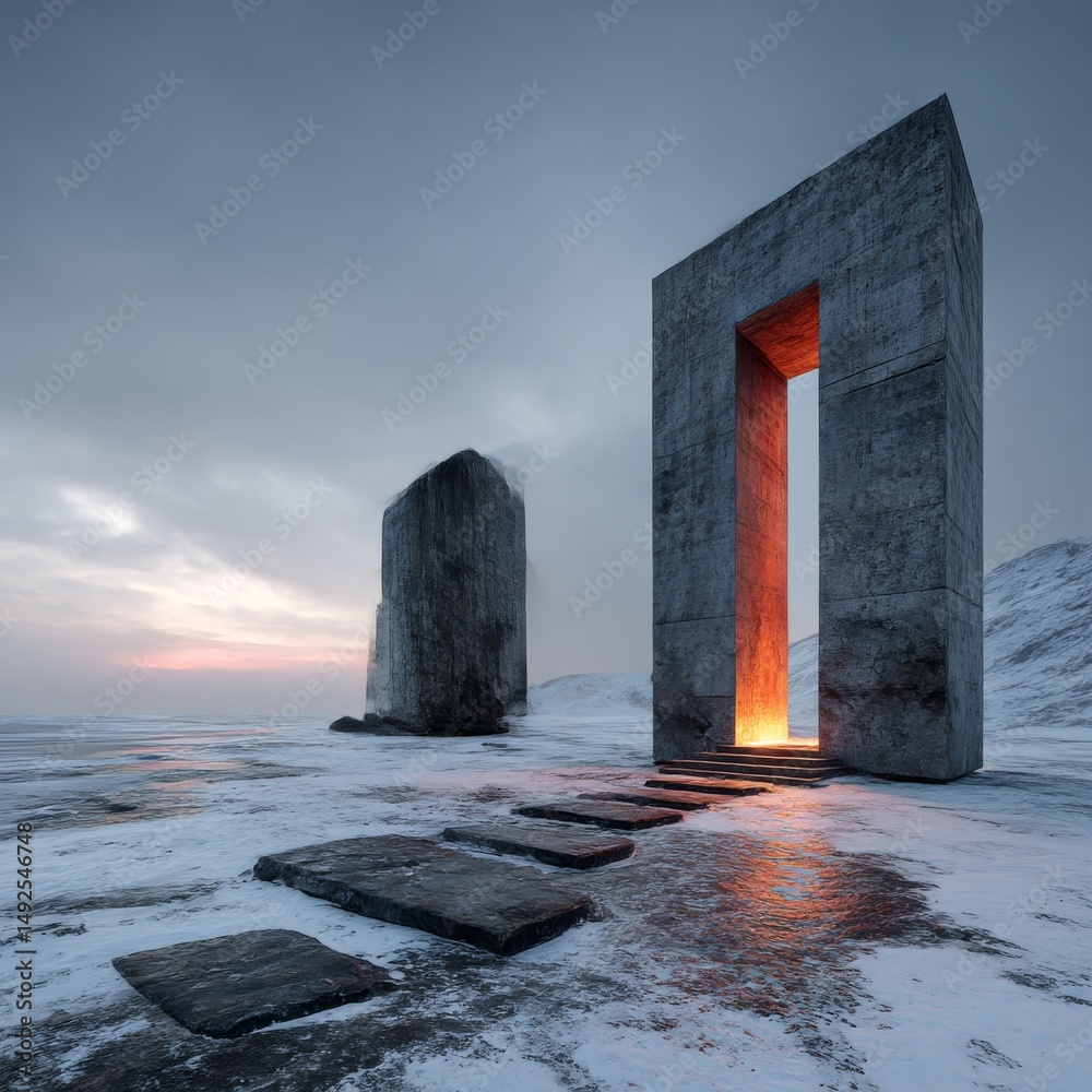 Poster mystical gateway: stone steps to a warm portal in a frozen landscape at sunset
