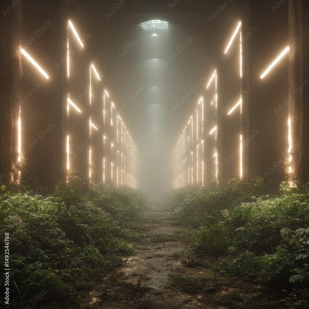 Aufkleber mystical path through foggy tunnel with luminescent pillars and lush overgrowth - an ethereal landsc