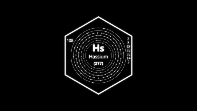 hassium chemical element periodic table on background.animated periodic table.Shows name, atomic weight and element number.