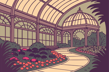 172 victorian conservatory, glass arched roof, ornate interior, beautiful garden architecture, vibrant floral displays, intricate pathway, natural landscape, dramatic lighting, cinematic mood