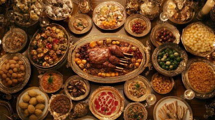 Extensive array of diverse foods on multiple ornate platters.