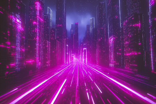 Cityscape with a pinkish hue and a futuristic feel. The buildings are tall and the streets are lined with neon lights. Scene is one of excitement and energy, as if the city is alive