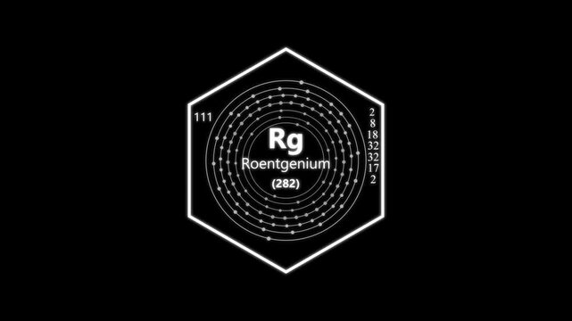roentgenium chemical element periodic table on background.animated periodic table.Shows name, atomic weight and element number.