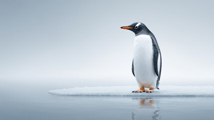 Naklejka premium Solitary penguin stands on ice floe in calm water