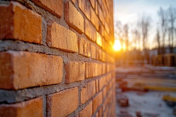 Close-up brick wall at sunset. Construction site blurred background