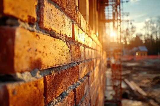 Brick wall at construction site, golden sunlight