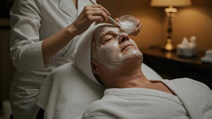 Senior man receiving a facial treatment at a spa from a skincare professional. Men’s self-care, aging wellness, luxury grooming, facial rejuvenation