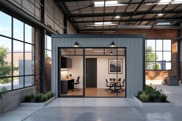Contemporary Warehouse Exterior Featuring Compact Office Space and Industrial Aesthetic