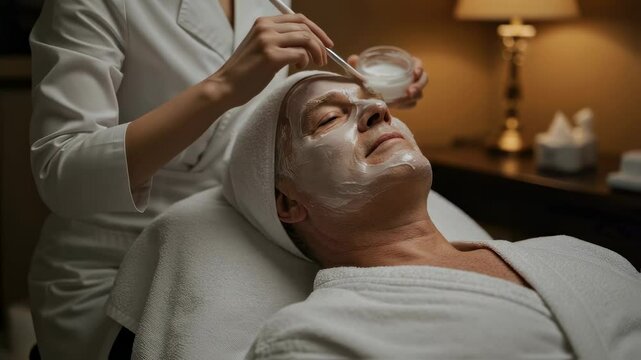 Senior man receiving a facial treatment at a spa from a skincare professional. Men&rsquo;s self-care, aging wellness, luxury grooming, facial rejuvenation