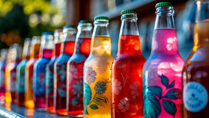 Vibrant display of colorful glass bottled beverages