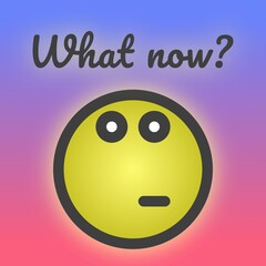 Minimalist design of a confused yellow emoji on a colorful gradient with the words 