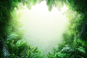 Lush green foliage frames a misty, sunlit jungle scene