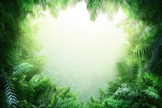 Lush green foliage frames a misty, sunlit jungle scene - Powered by Adobe