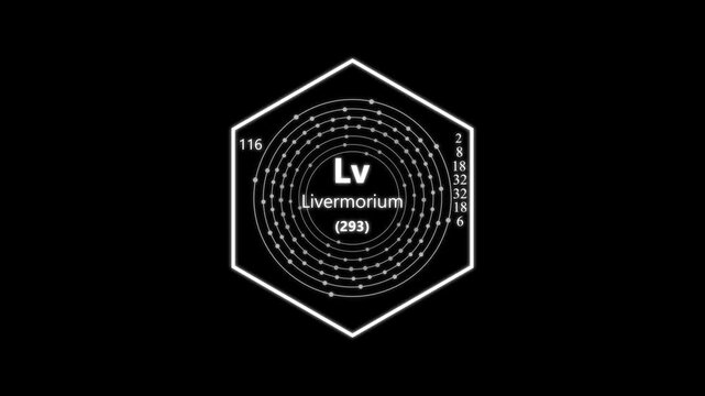 livermorium chemical element periodic table on background. animated periodic table.Shows name, atomic weight and element number.