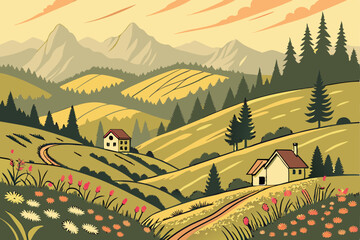 173 detailed pastoral landscape, rolling hills, lush green forests, mountain range in the background, small white cottages, vibrant wildflowers in the foreground, warm color palette, whimsical and dre