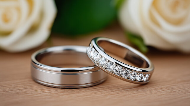 Elegant wedding bands with diamonds resting on wooden surface beside white roses