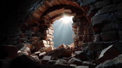Fototapeta premium Destruction and light breaking through ruined wall abandoned location photo dark environment close-up view hopeful concept