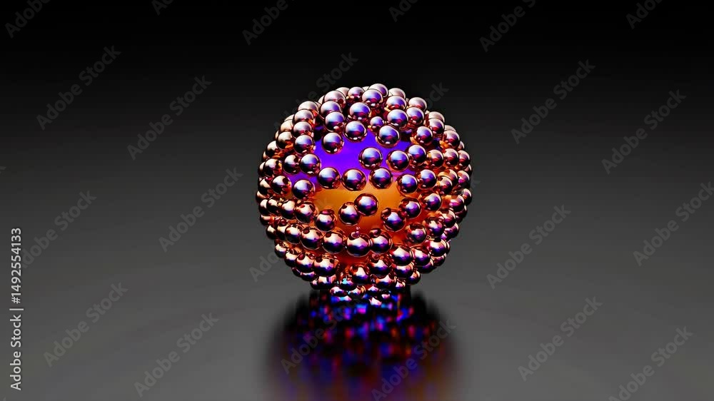 Poster abstract 3d render of a metallic sphere composed of hundreds of tiny spheres, creating a visually st