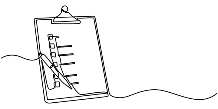 Clipboard with checklist and pen in one continuous line drawing. To do list with ticks and concept for test expertise and exam in simple linear style. Editable stroke. Doodle vector illustration. 