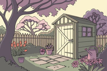 174 beautiful garden with whimsical, fantastical trees, colorful vegetation, wooden fence, garden shed, watering cans, pots, and decorative elements, highly detailed, 3d, realistic, hyperrealistic, lu