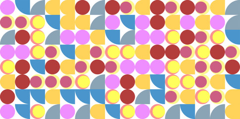 Abstract geometric pattern with red, yellow, pink, blue, and gray circles and curved shapes on a white background.