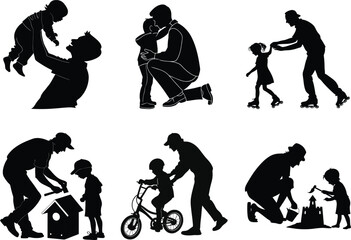 Obraz premium Silhouette Vector Set of Father and Children Family Love and Parenthood