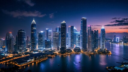 Naklejka premium Vibrant nighttime skyline of business bay and downtown