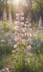 Obraz premium Impressionistic sunlit spring flowers, soft focus, pastel tones, delicate, design, blossom