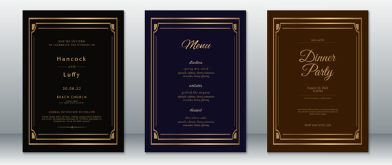 Elegant wedding invitation and menu card set in dark tones with gold Art Deco frame. Includes black, navy, and brown backgrounds. Ideal for luxurious and formal celebrations.