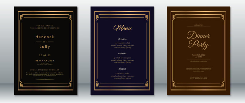 Elegant wedding invitation and menu card set in dark tones with gold Art Deco frame. Includes black, navy, and brown backgrounds. Ideal for luxurious and formal celebrations.