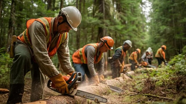 Forest Workers in Action: A team of forestry professionals are diligently working using chain saw in a dense forest.