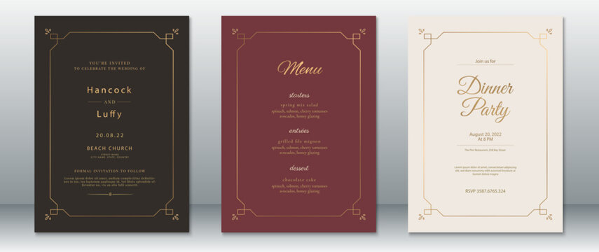 Modern wedding invitation and menu design with geometric border in warm tones. Includes black, maroon, and cream backgrounds with gold accents. Perfect for elegant and minimalist events.