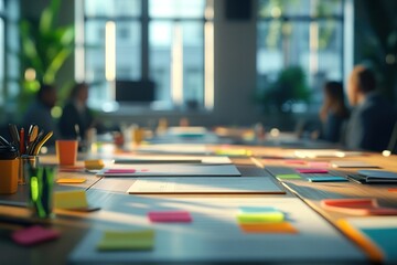 Fototapeta premium Busy meeting room, documents, sticky notes