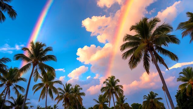 Vibrant rainbow clouds over palm trees and blue sky