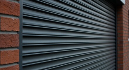 Metal roller shutter door with brick wall background