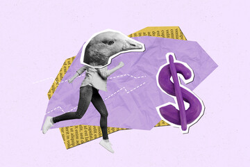 Surreal image collage of person duch face run with dollars symbol on purple background