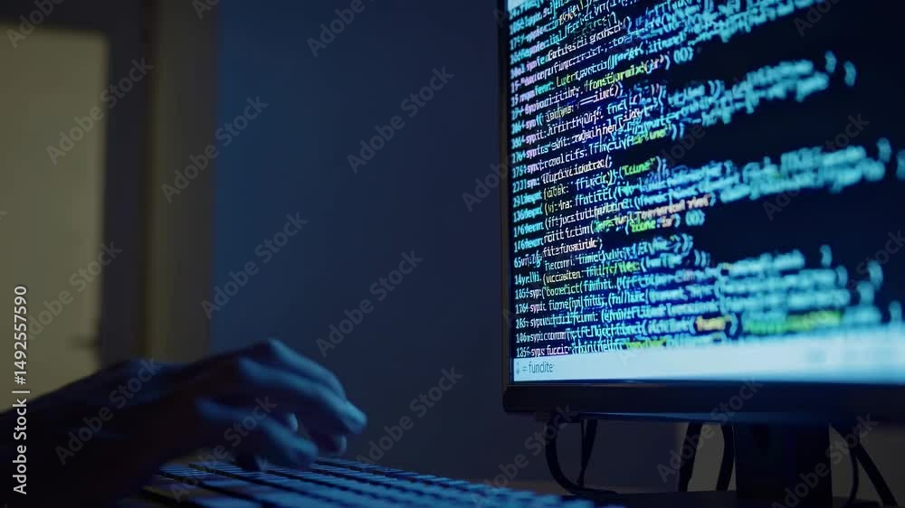 Poster programmer typing code on keyboard, developing new software or application while working late at nig