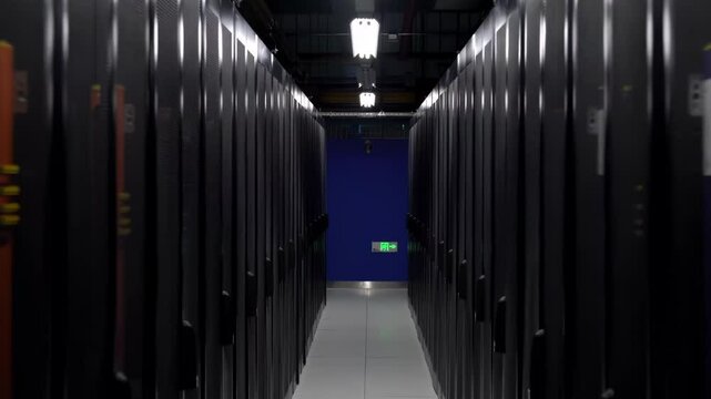 Innovative technology designs for of Industrial Data Center with Rows of Yellow Server Cabinets Control Room, High-Tech Power, Data Systems, Efficiency in Manufacturing and Energy Management