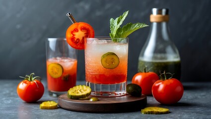 Fototapeta premium Vibrant vegetable cocktail with fresh tomatoes and pickles