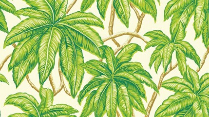 Sustainable Palm Tree Pattern, Stylized Green Foliage Design, Natural Brown Trunk Geometry, Light Yellow Background Texture, Tropical Renewable Energy Motif